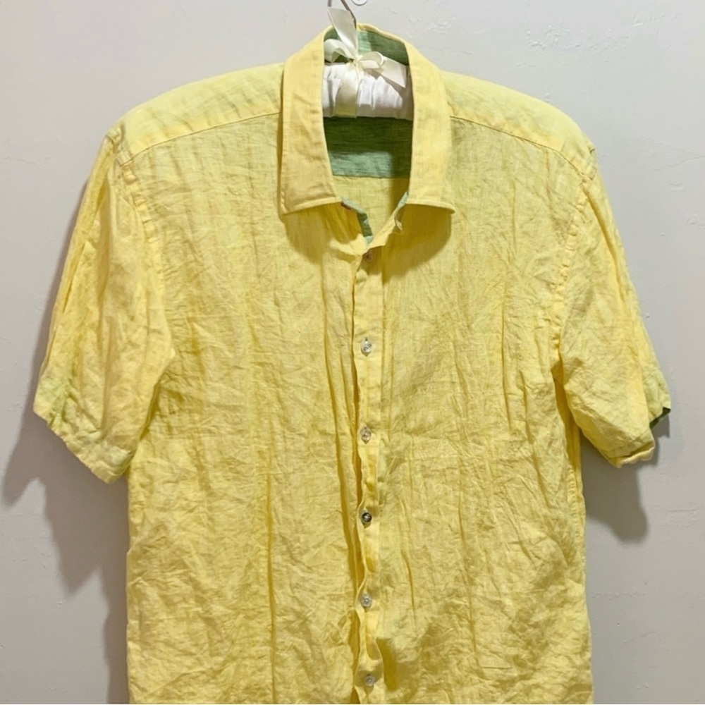 INSERCH Mens Size XL Linen Yellow Collared Button Front Short Slv Shirt